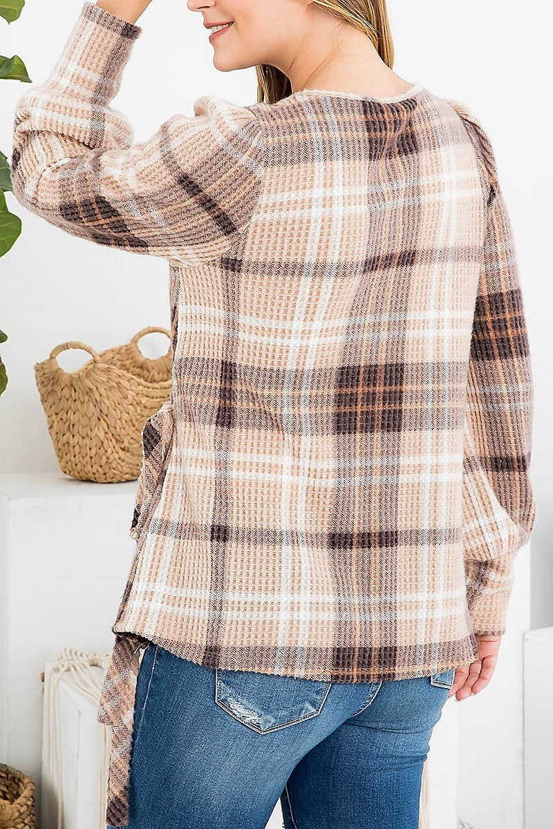 Surplice neckline ribbon tie plaid waffle top (EF2391)