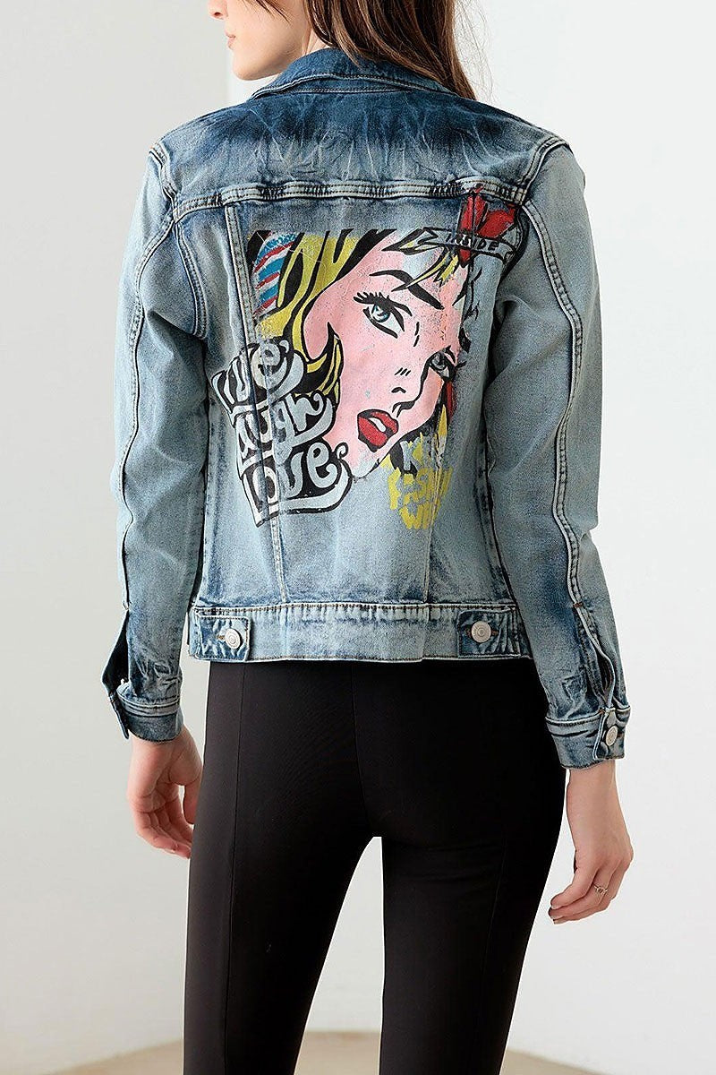 Face graffiti print acid wash denim jacket (TED3001)