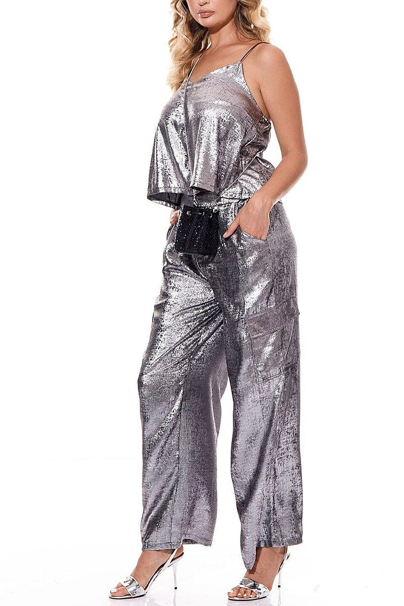 Sleeveless tank top & wide leg pants shimmer set (EGWT2497-SET)