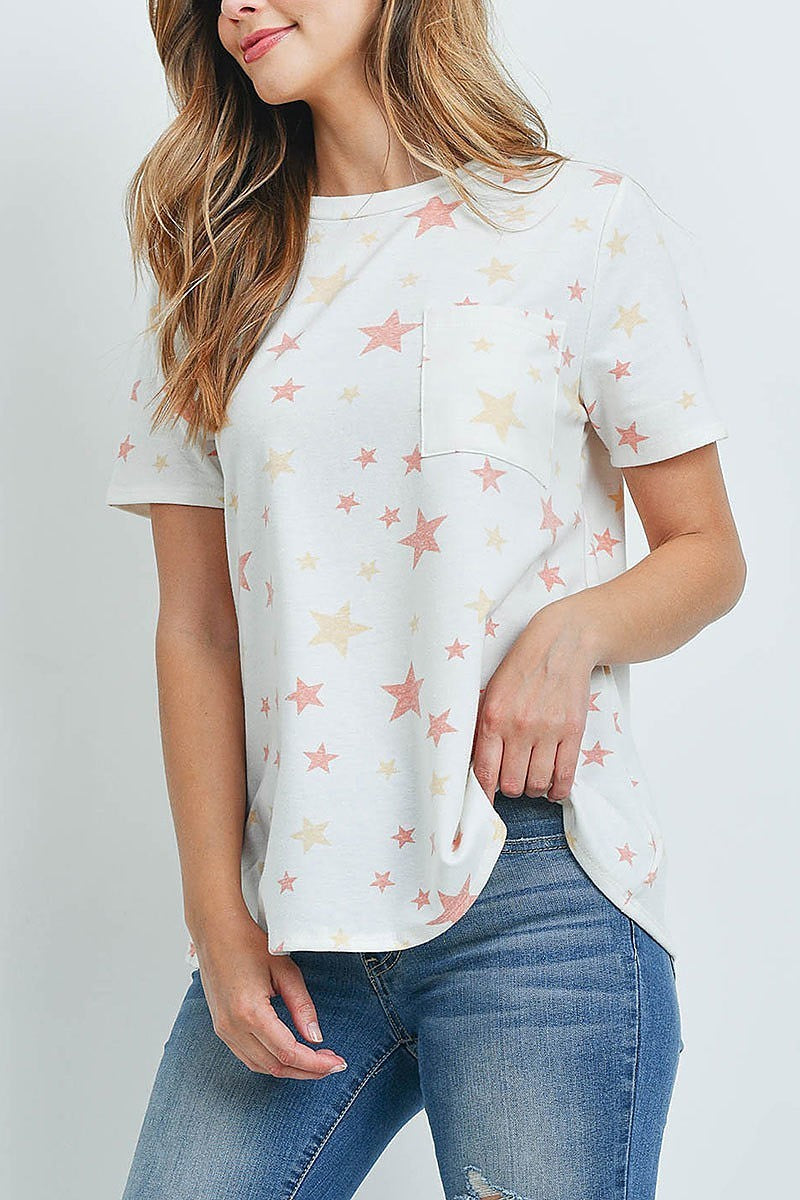 Star print short sleeves round neck top (ED9029)