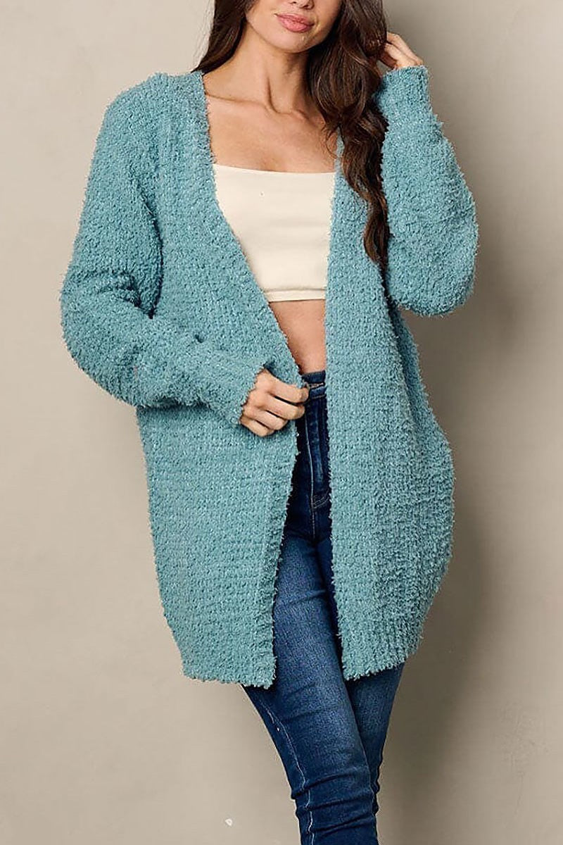 Long sleeve pockets fuzzy open cardigan (EFWT1886)