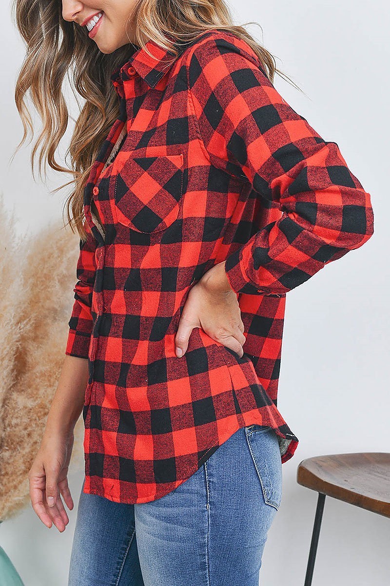 Sherpa fleece lined plaid flannel shirt top (EF2364)