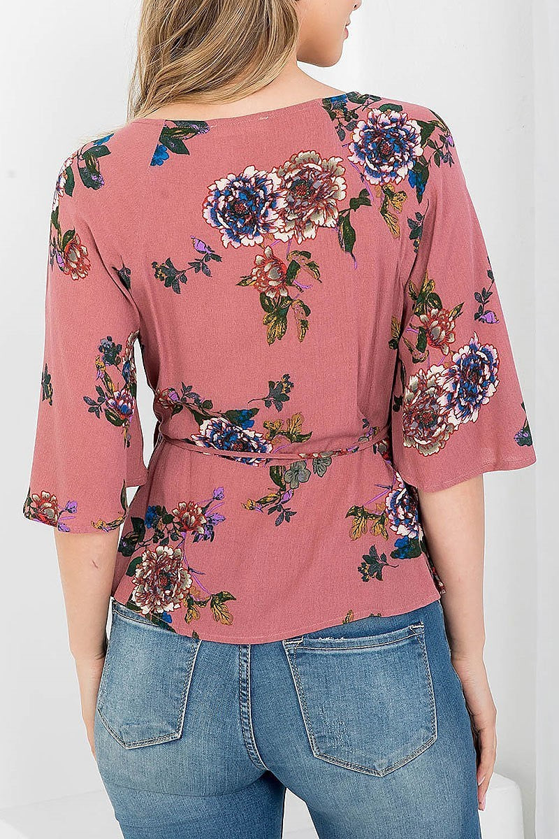 Floral surplice v neck side tie ruffle sleeve top (EF3598)