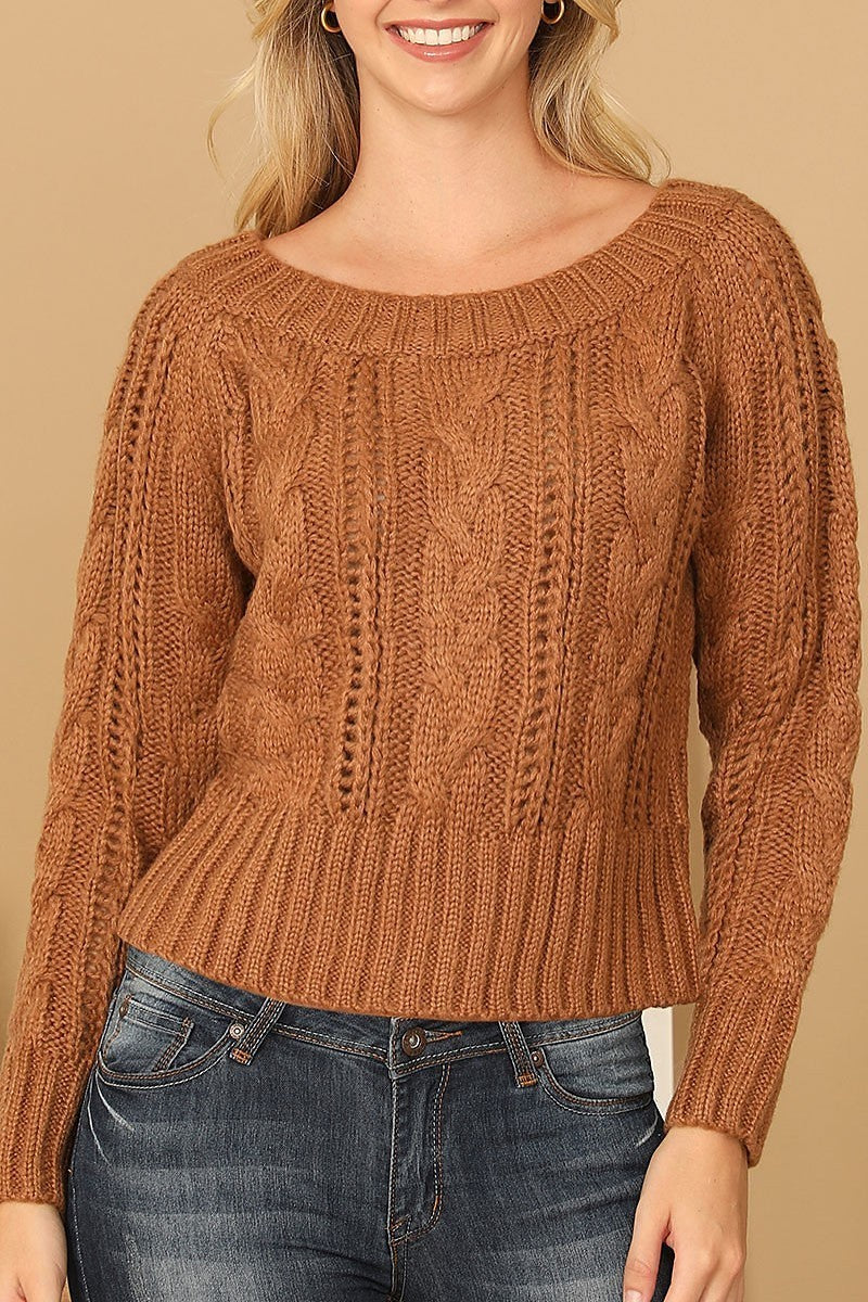 Chunky cable knit off shoulder crop sweater (DGS6722)