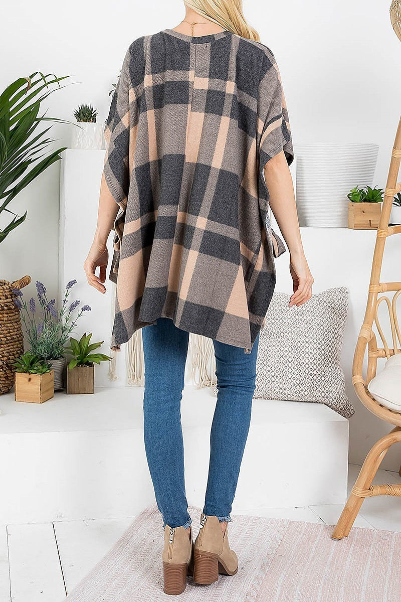 Crew neck plaid kimono poncho (EF2827)