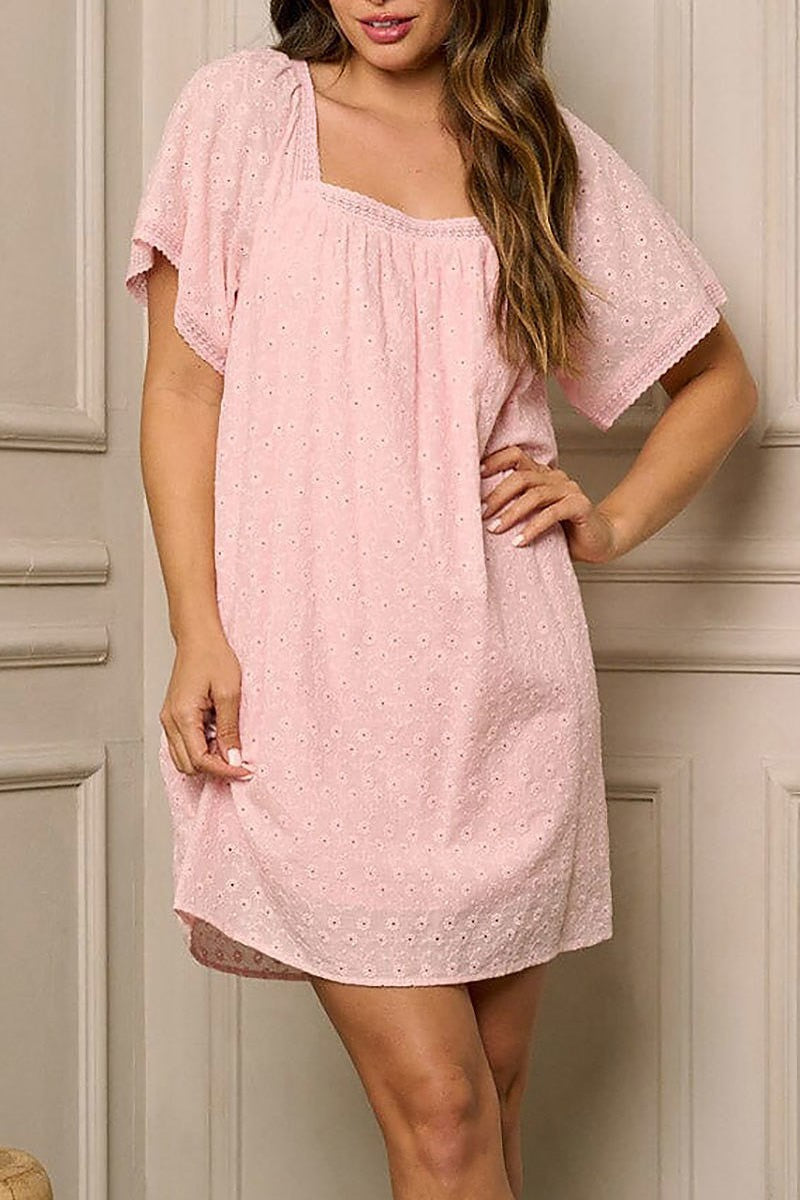 Short sleeve square neck eyelet tunic mini dress (EFWT6346)