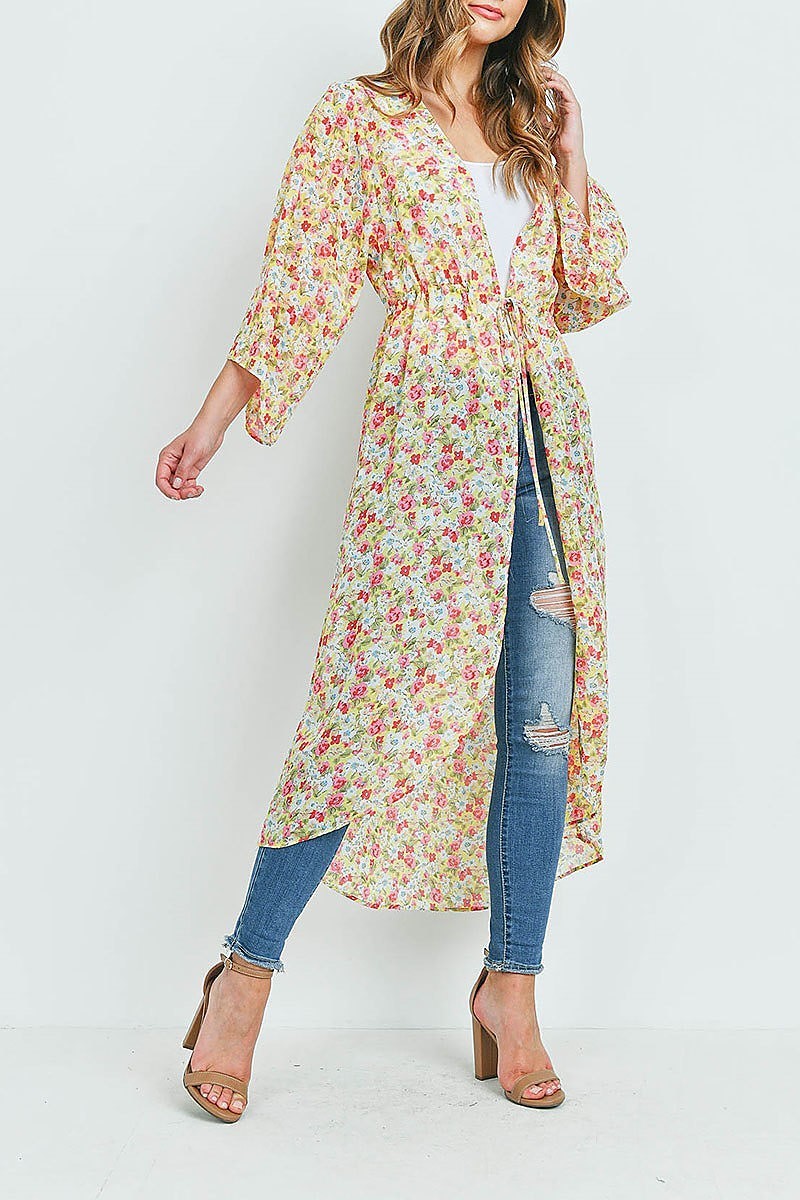 Tie front detail floral print hi lo kimono top (ED9474)