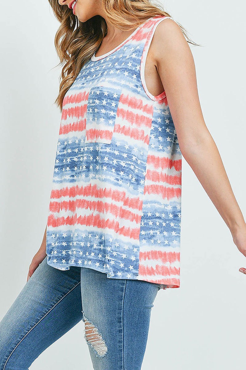 Tie dye american flag pocket tank top (ED9600)