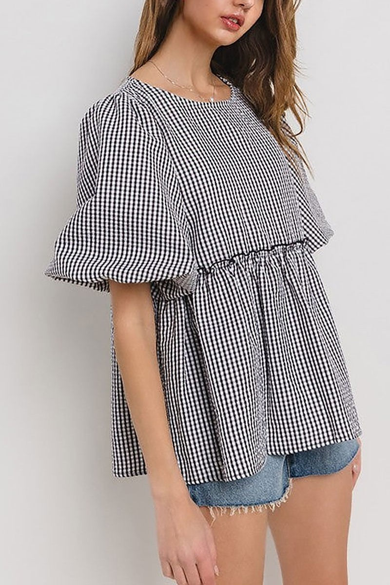 Gingham puff sleeves blouse top (EDSW4492)