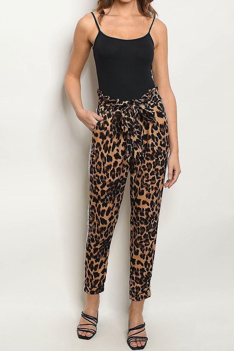 Animal print letter contrast waist tie slim pants (DGB2831)