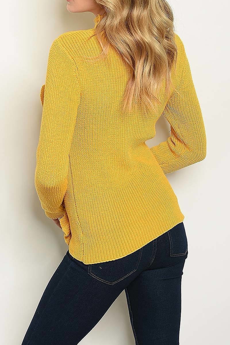 Mock neck button trimmed ruffle front sweater (DGS3460)