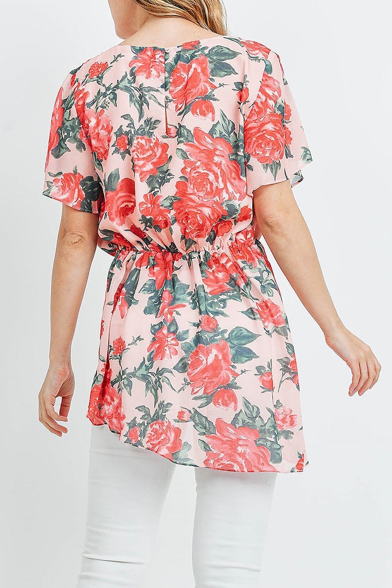 Flutter sleeve floral print pleated detail tunic top (ED9185)