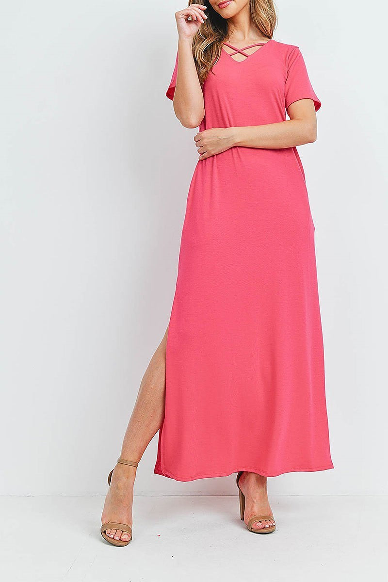 Crisscross neck short sleeve maxi pocket dress (DED6217)