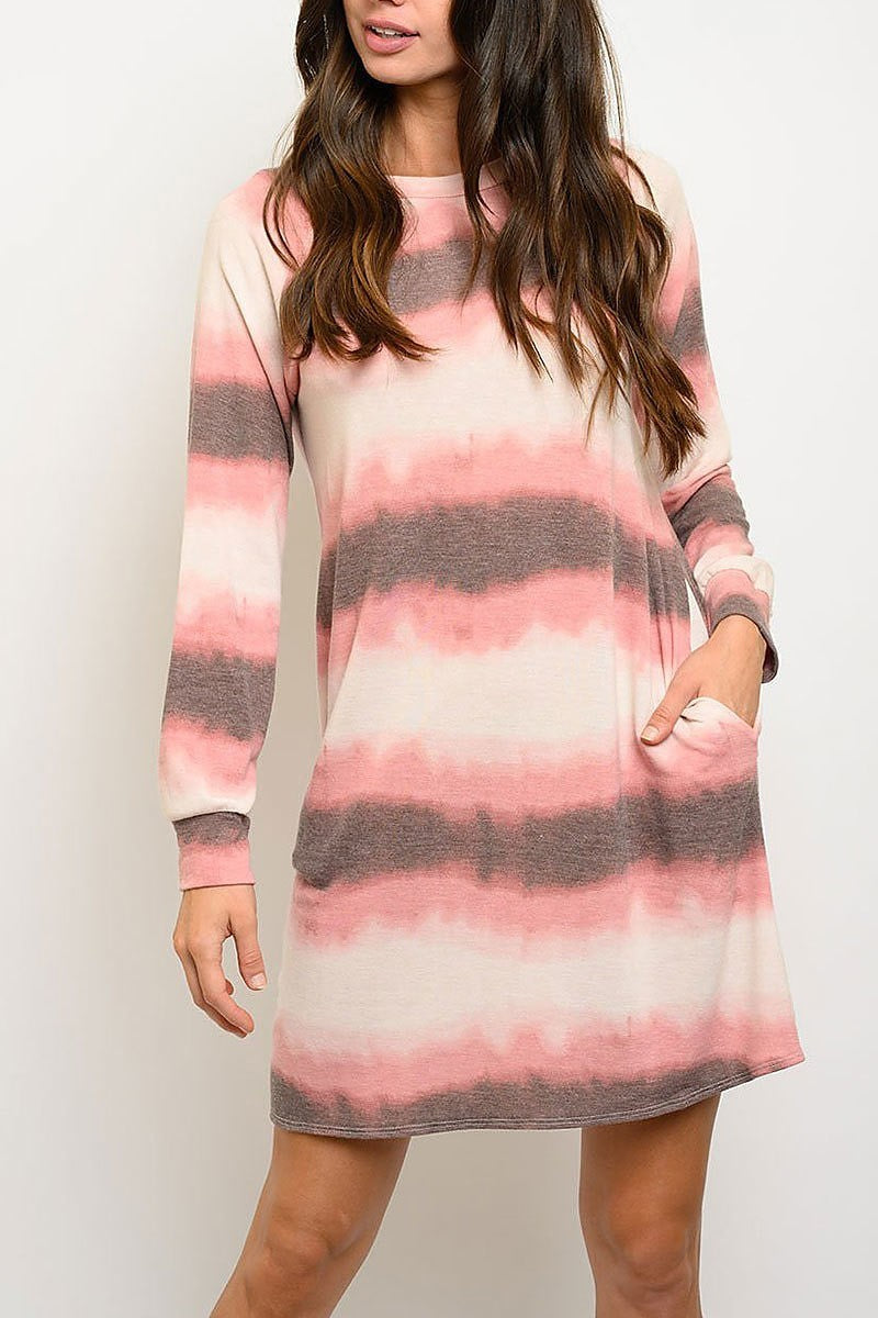 Tie dye stripe pocket tunic dress (EDWT2844)