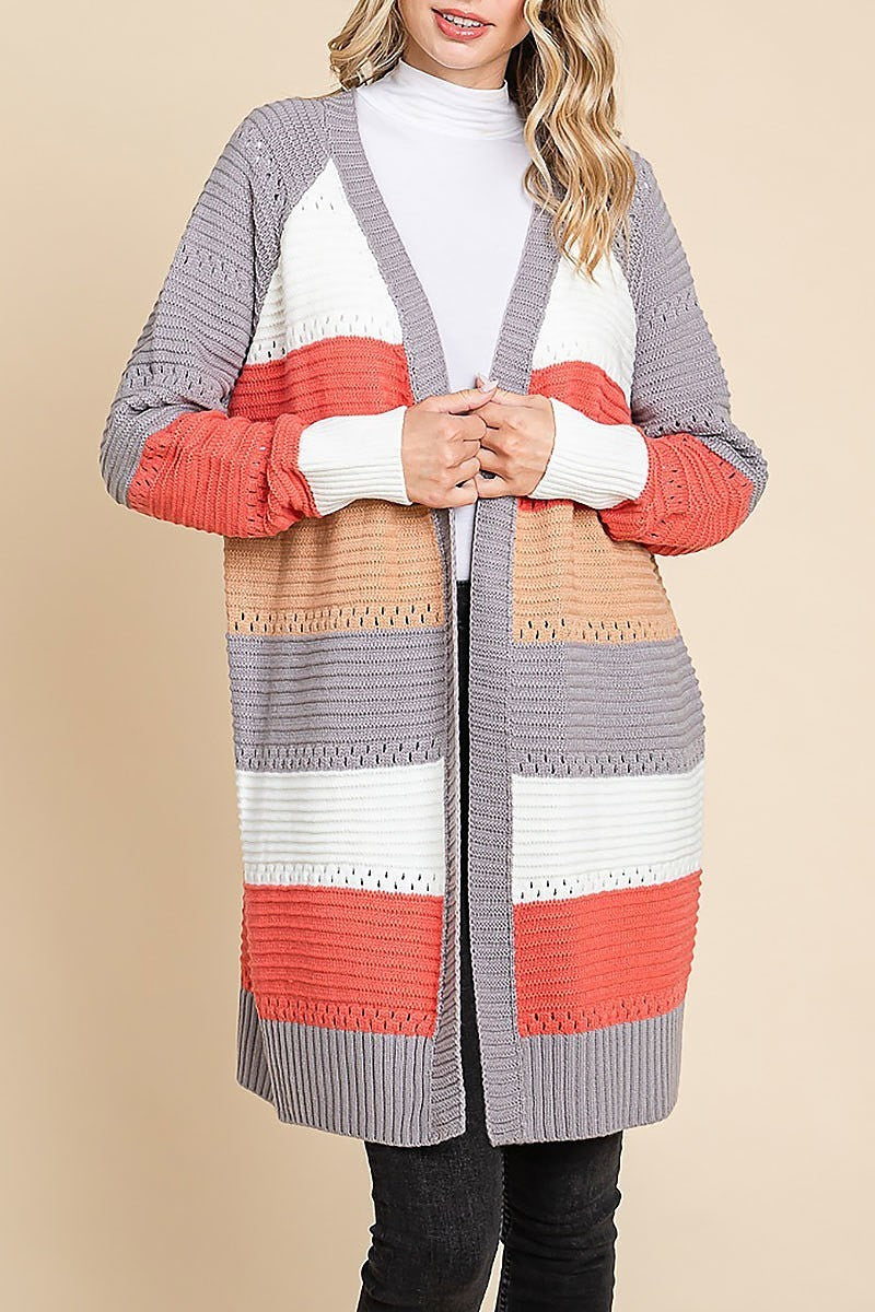 Color block open knit cardigan (EDH1814)