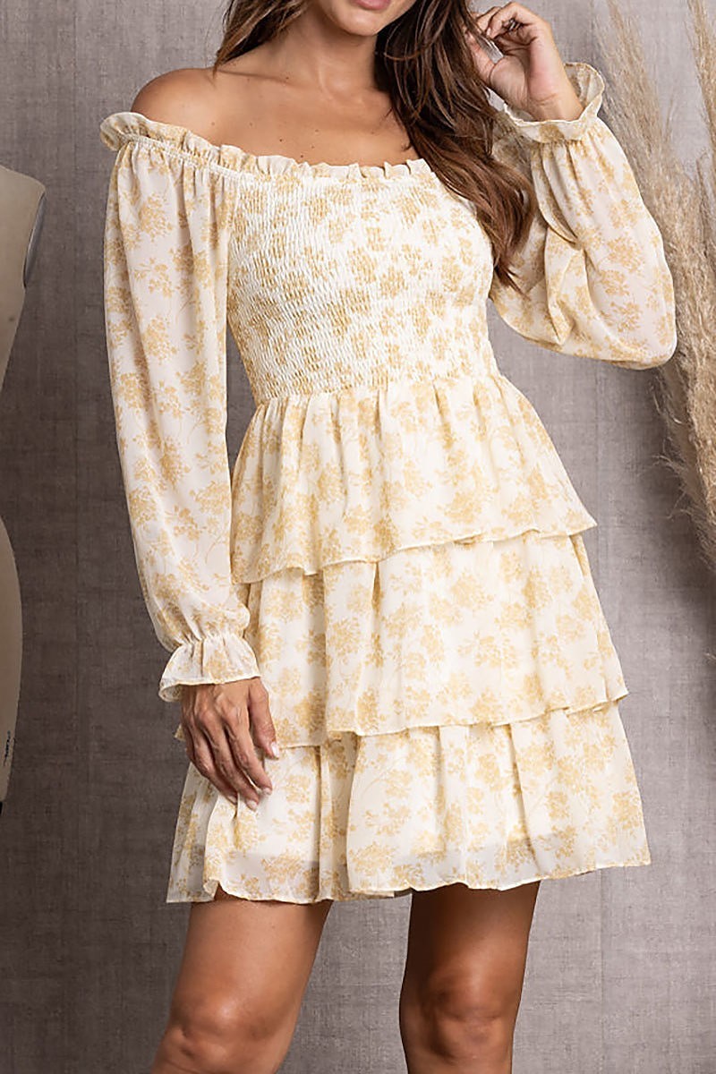 3/4 sleeve woven print smocked midi dress (EDSW3422)