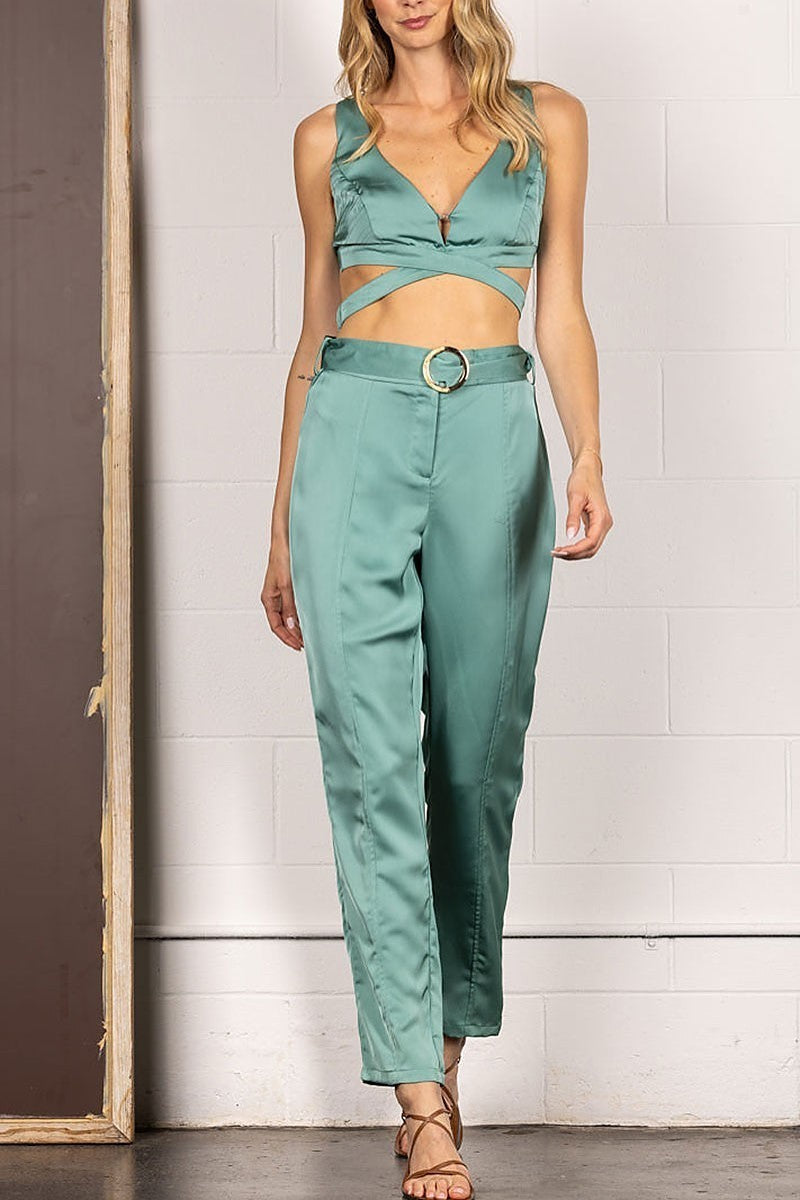 Solid waist flare crop top and pants set (EDSW4272)