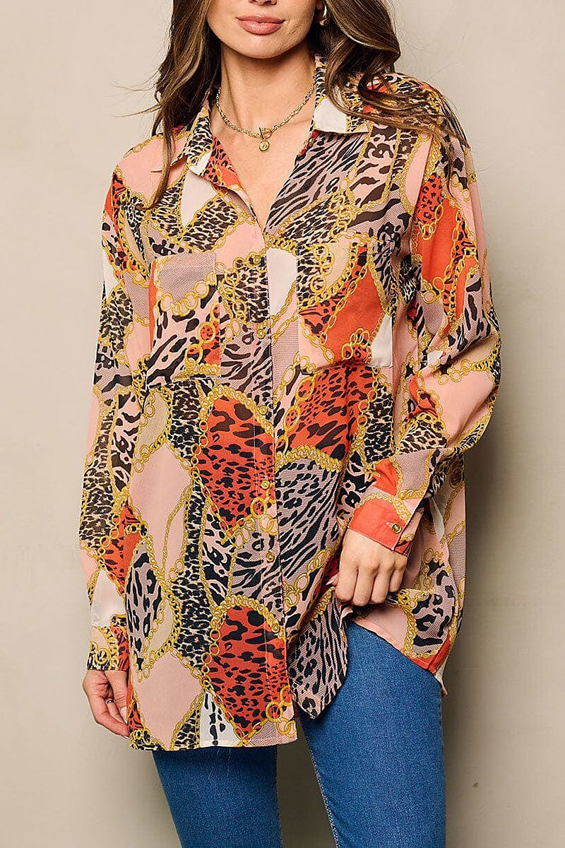 Button up front pocket multi print blouse top (EFWT4511)