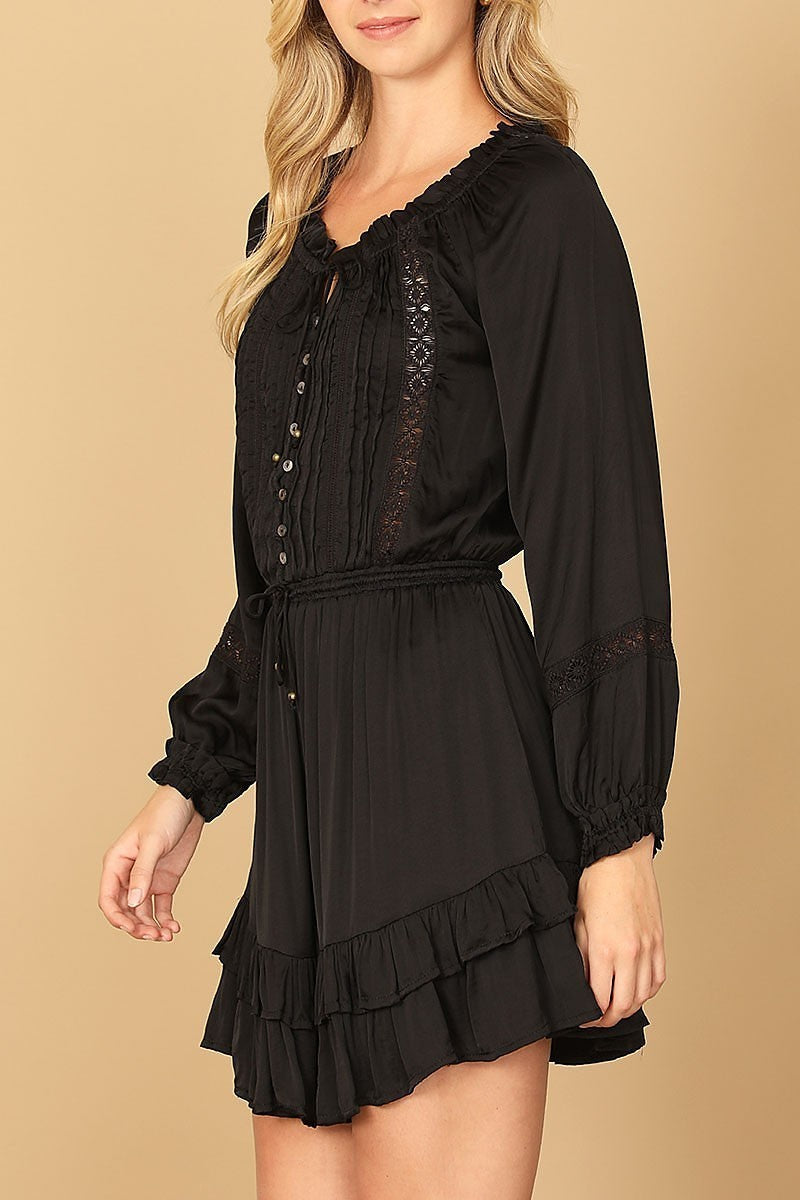 Long sleeve pleated front ruffle hem mini dress (DED9784)