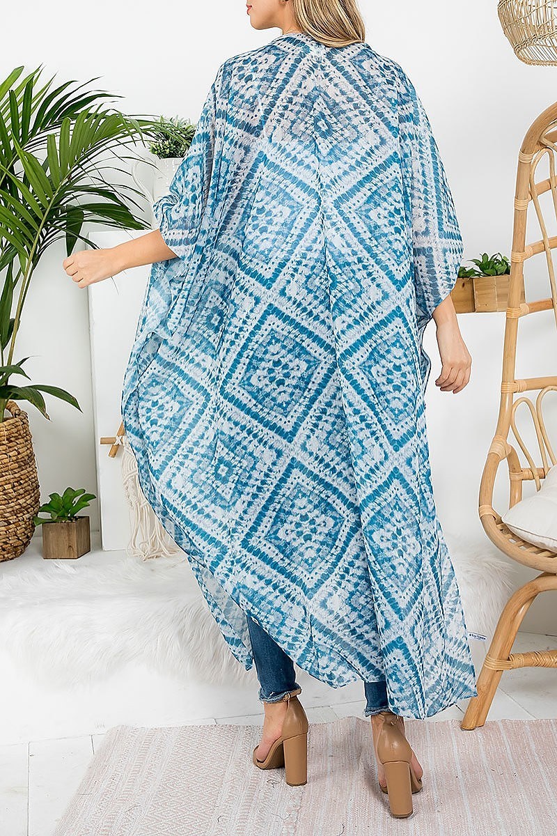 Diamond pattern print bohemiian open front long kimono (EF3256)