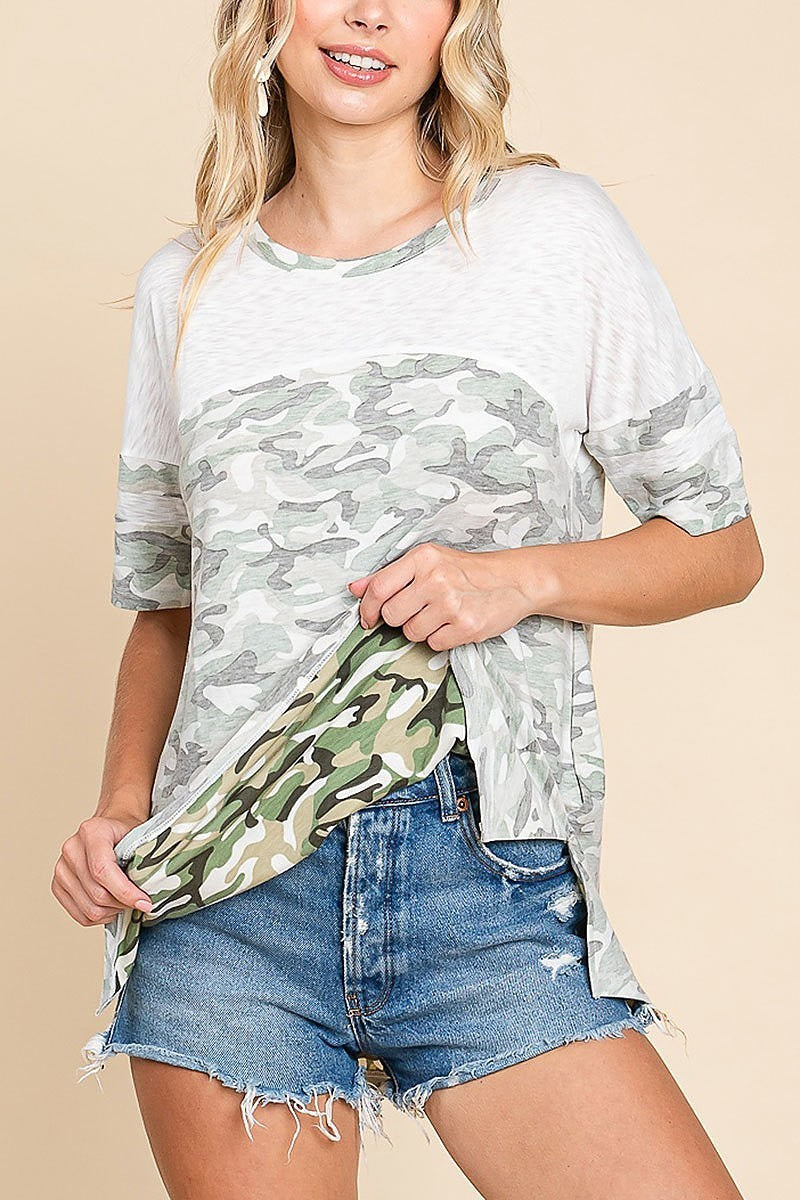 Reverse camo printed dolman sleeve football tee (EDH1414)