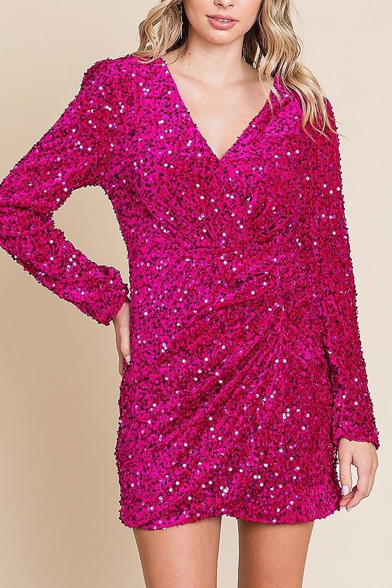 Sequin glitter holiday party wrap mini dress (EDH1932)