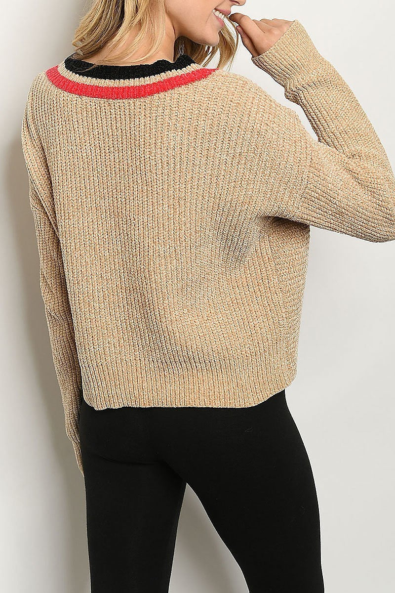 Contrast stripe v neck twist front chenille sweater (DGS4678)