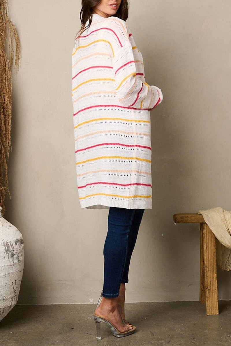 Long sleeve stripes open front cardigan (EFWT2058)