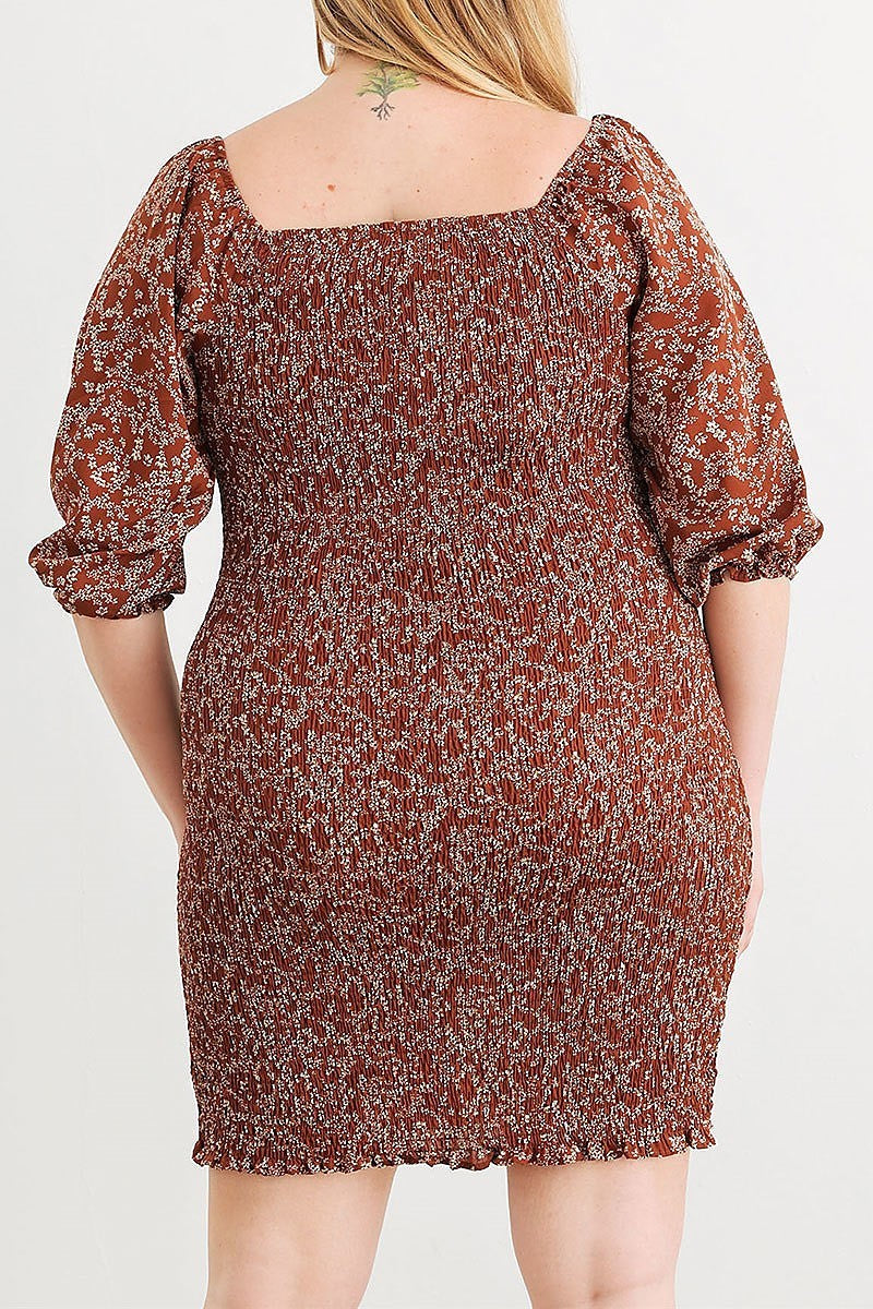 Floral smoked puff sleeve tie neck dress (TED2090)