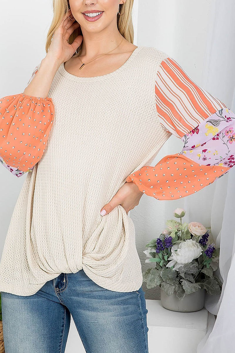 Stripe floal polka dot color block top (EF4210)