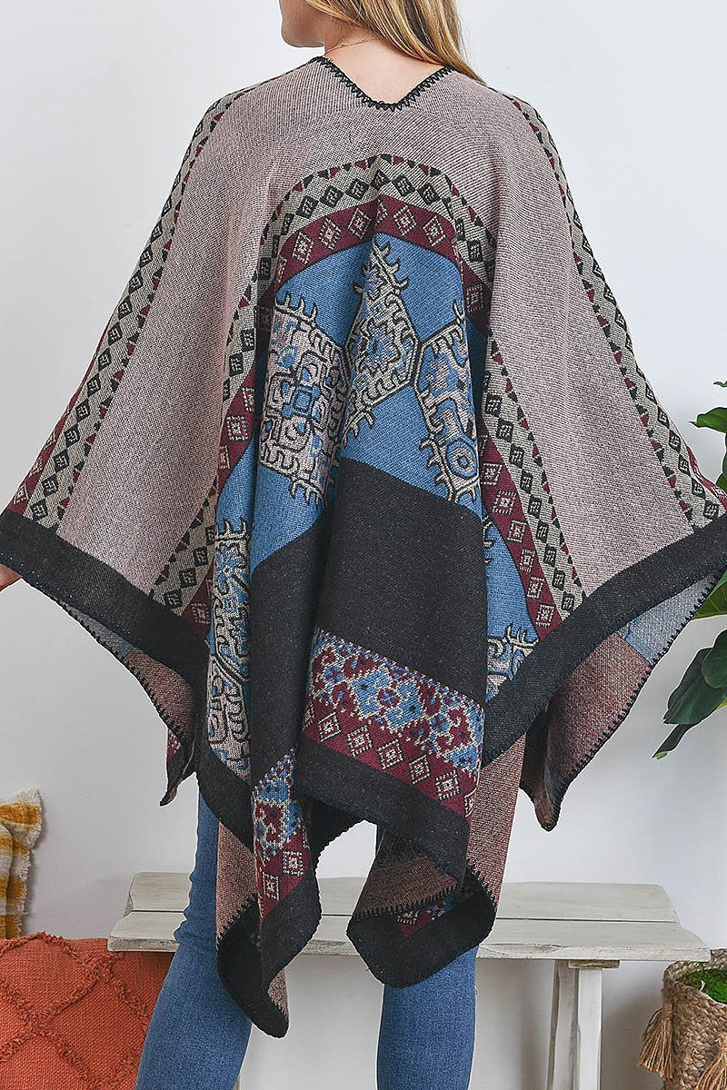 Open front morrocan print ruana wrap kimono (DGS5512)