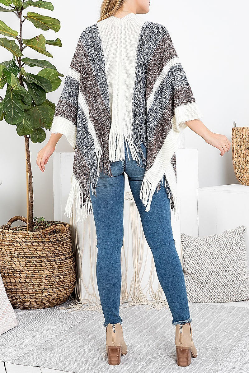 Knit stripe fringe ruana kimono (DGS5421)