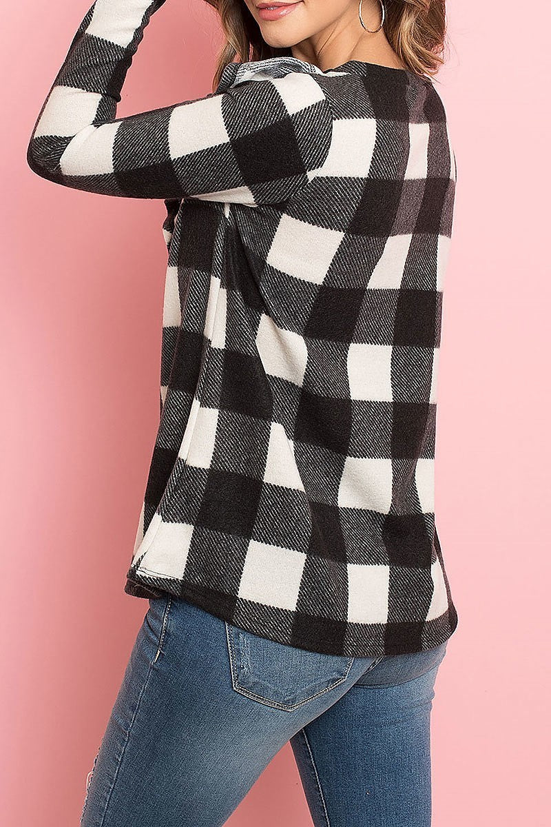 Brushed plaid ruffle detail long sleeve top (ED8307)