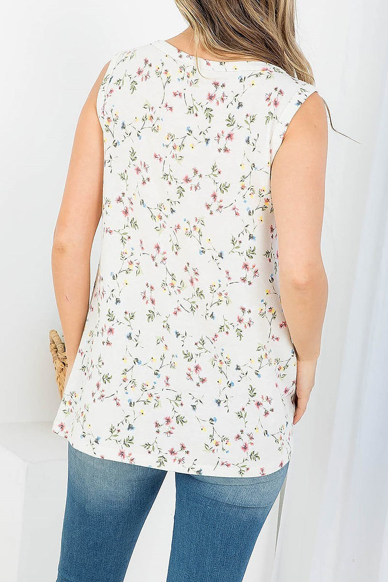 Floral print v neck button front top (EF3793)