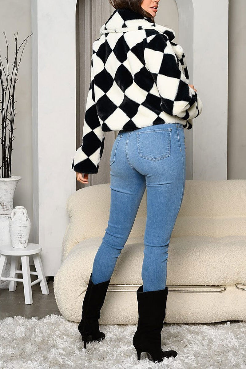 Long sleeve square print open front jacket (EDWT8289)