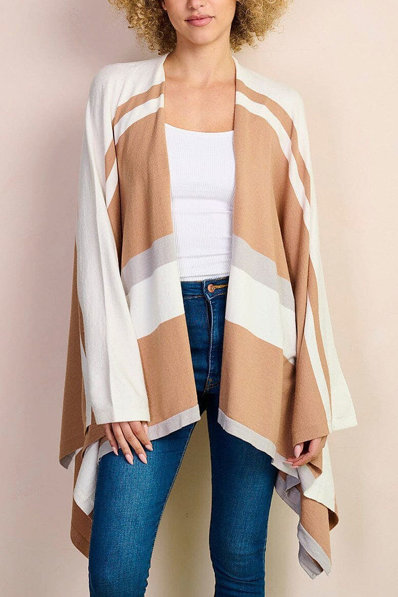 Long sleeve open front colorblock poncho (EFWT8550)