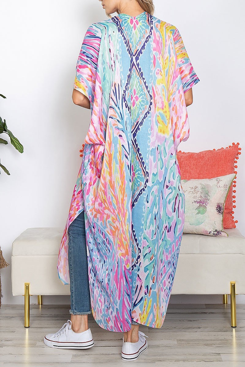 Boho tropical print summer long kimono (EF5327)