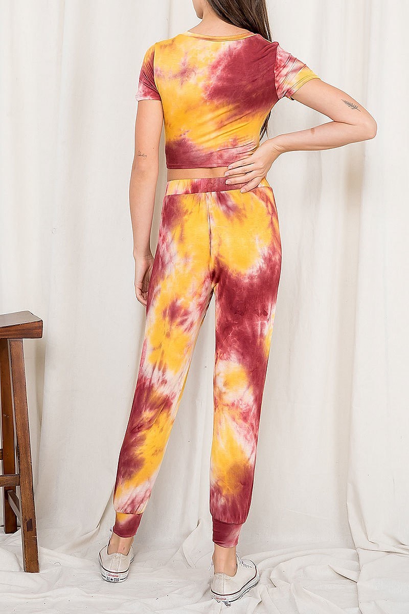 Twist front tie dye crop top and jogger pants set (EF2680)