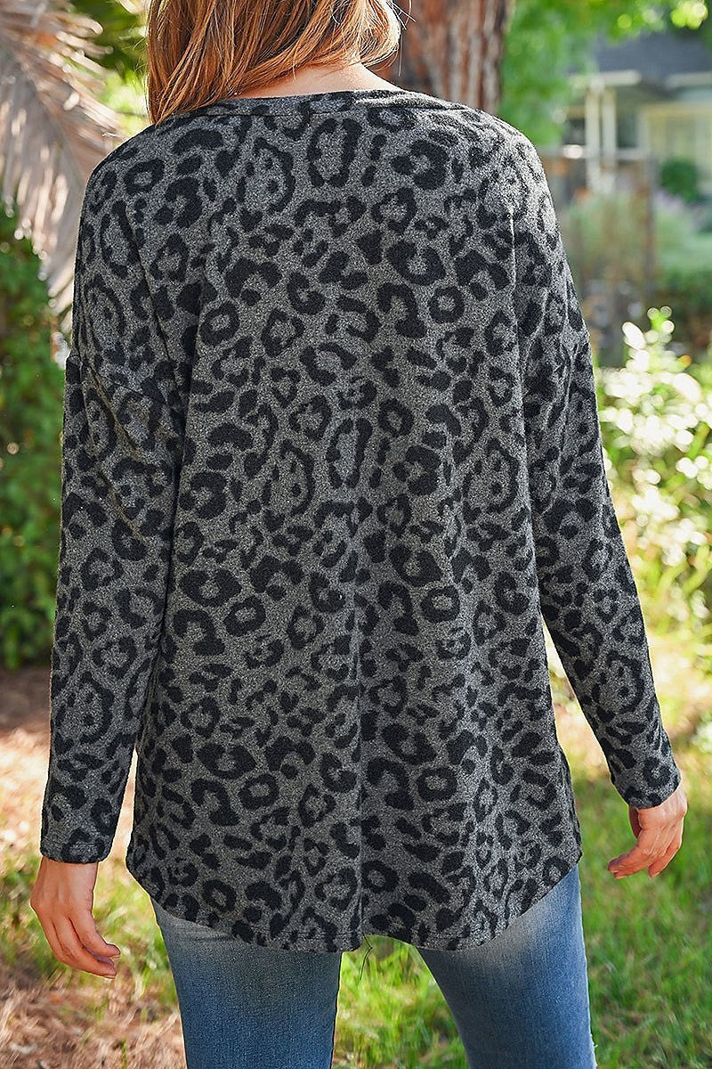 Leopard brushed long sleeve v neck knot top (ED8071)