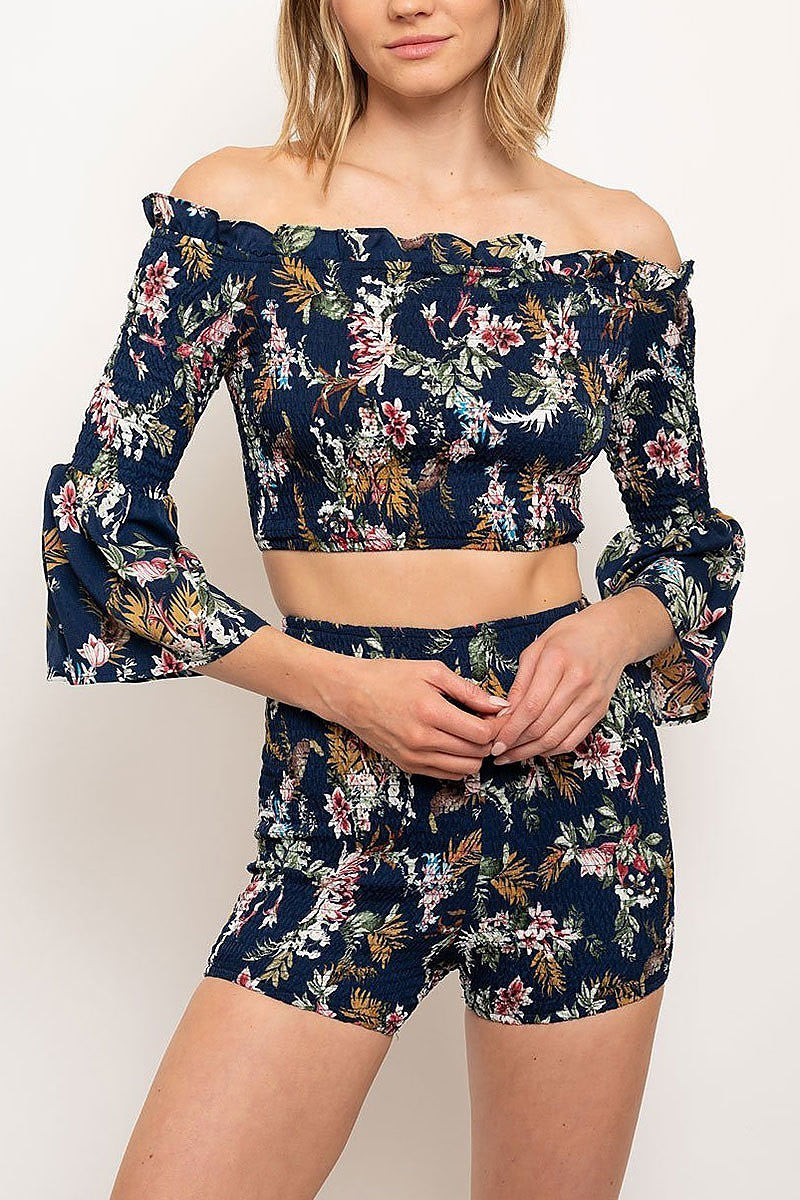 Smoked detail floral print top and shorts set (EDWT2374)