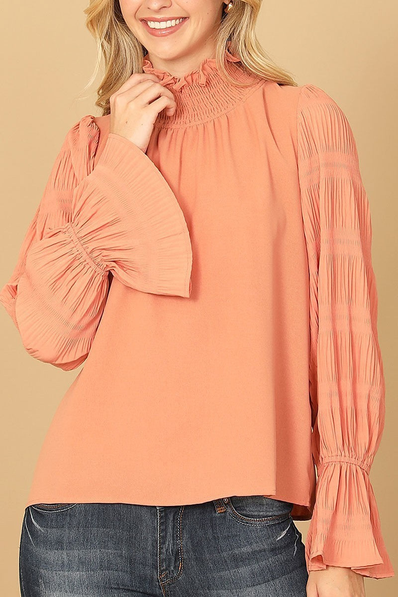 Ruffle turtle neck long bell sleeve solid top (EF7864)