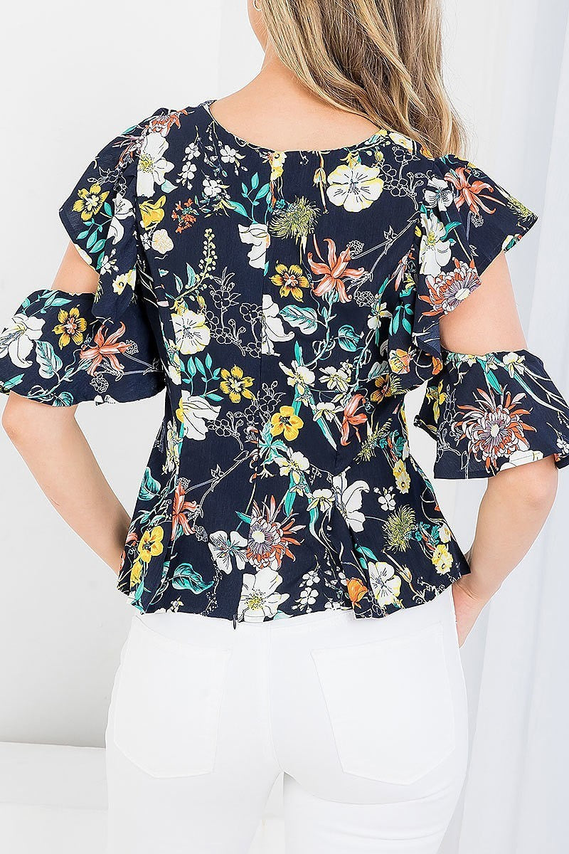 Floral print v neck cut out sleeve top (EF3553-MW1D)