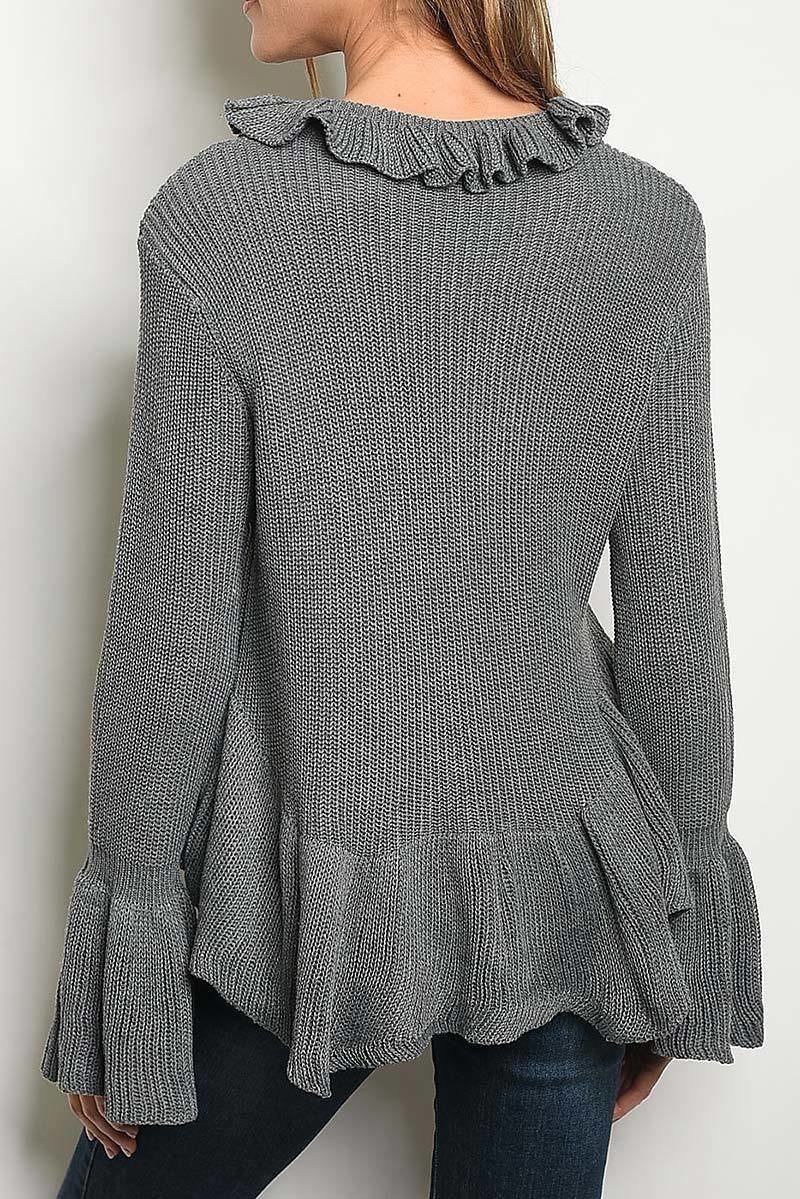 Long bell sleeve ruffled knit peplum sweater (DGS2567-1)