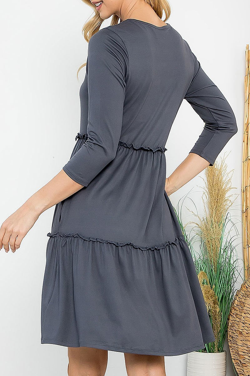 Solid 3/4 sleeve merrow detail flare dress (DED8854)