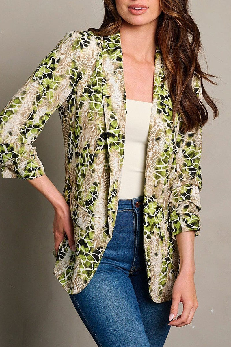 3/4 ruched sleeves open front snake print blazer (EGWT2137)