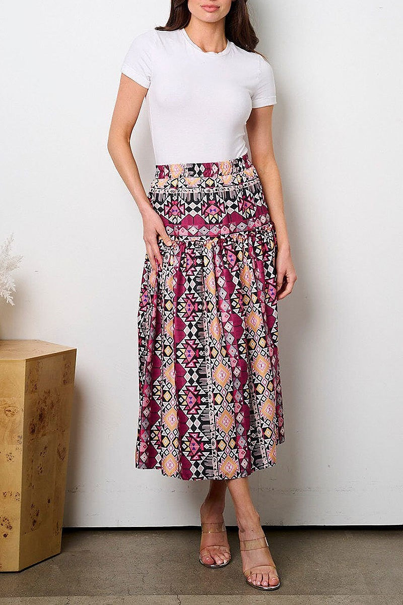 Elastic waist multi print midi skirt (EFWT8953)