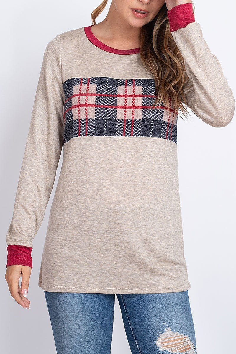 Plaid contrast color block round neck top (EF1930)