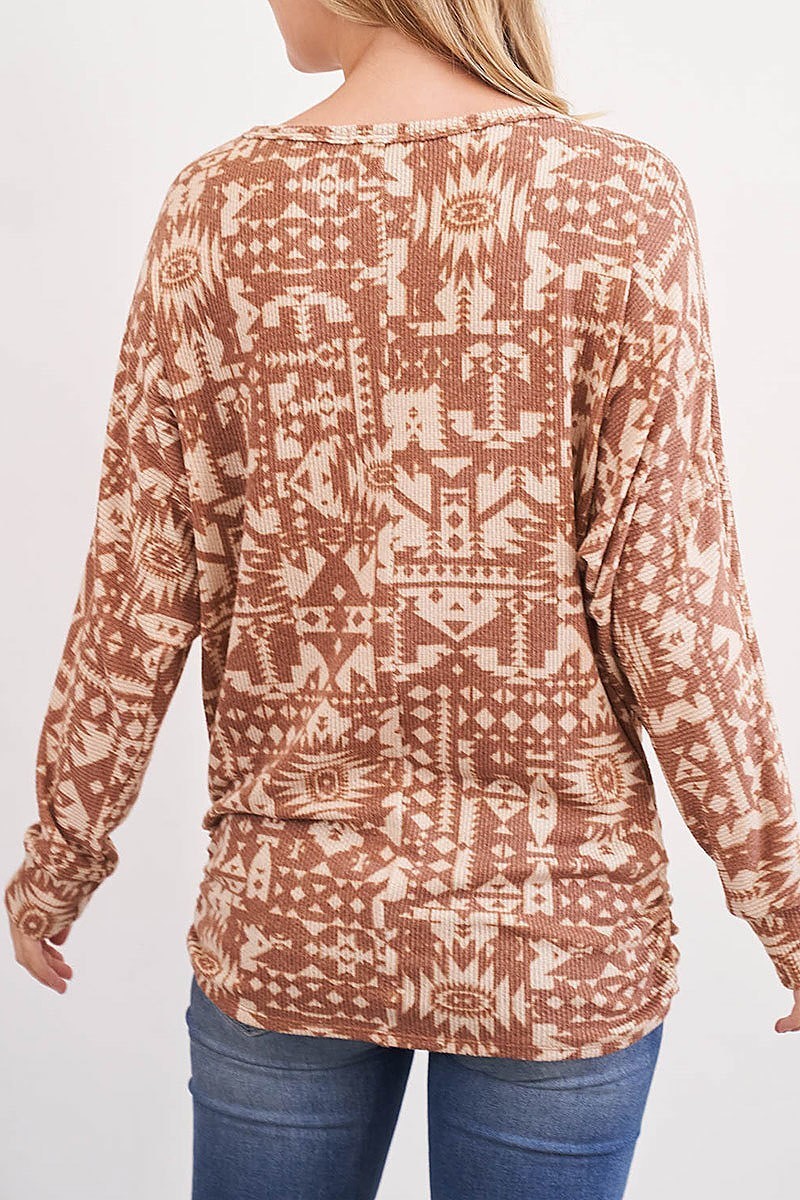 Scoop neck aztec print long sleeve top (EF2775)