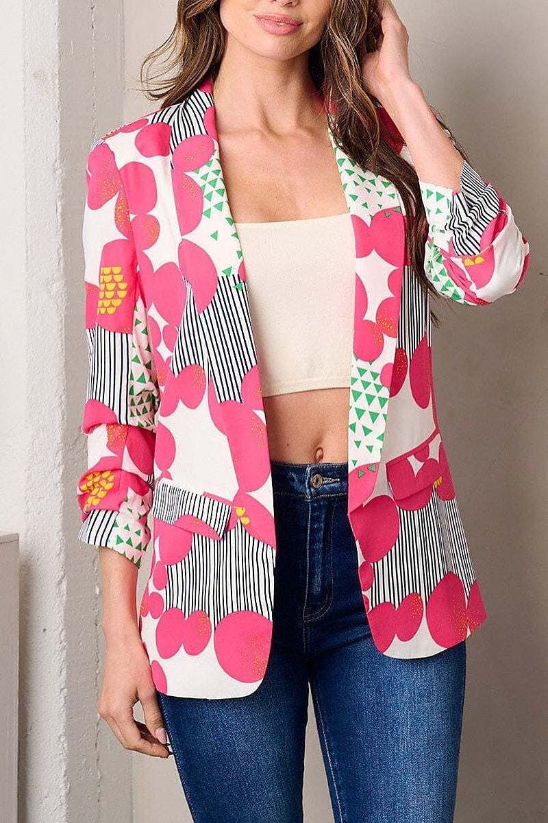 Open front multi print blazer (EFWT3038)