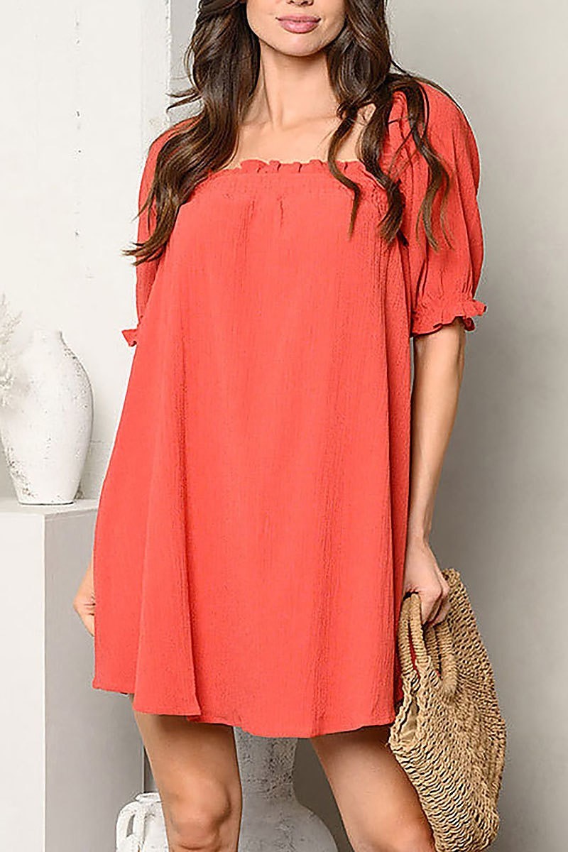 Short puff sleeve square neck tunic mini dress (EDWT9524)